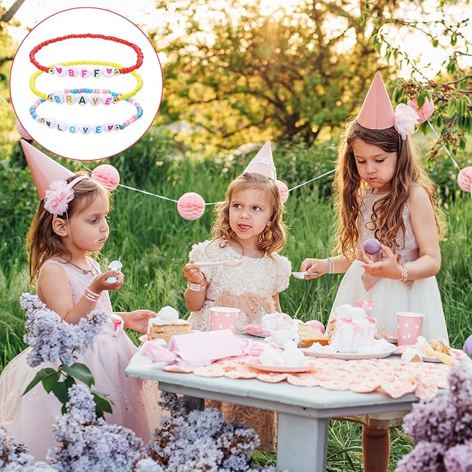 64 Pcs Kids Friendship Beaded Bracelets for Girls Jewelry Letter Beads Bracelets Bulk Colorful Cute Stretchy Rainbow Princess Dress up Gifts(Lovely)