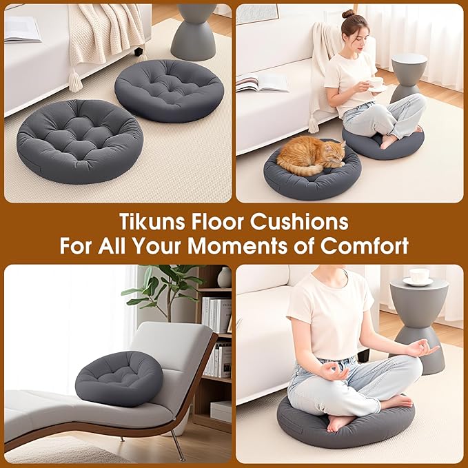 4Pcs Floor Pillows for Adults, Meditation Cushions, 22x22 Inch Large Round Sitting Cushion Living Room Memory Foam Pillow for Sitting (4, Grey, 22x22x4 Inch)