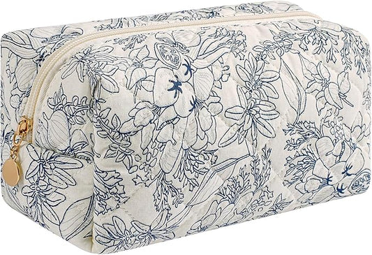 HHQQWZ Makeup Bag Travel Cosmetic Bag for Women Girls, Zipper Make Up Pouch, Floral Flowers Toiletry Organizer Makeup, Portable Storage Bag, Cosmetic Travel Cloth Bag (Navy Blue Flower)