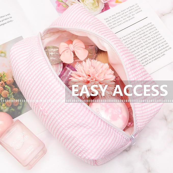 6PCS Cozy Makeup Bag SET Travel Cosmetic Bag for Women Soft Toiletry Bag Aesthetic Makeup Organizer Portable Large Zipper Pouch for Skincare Beauty Accessories Brushes Stripe Pink