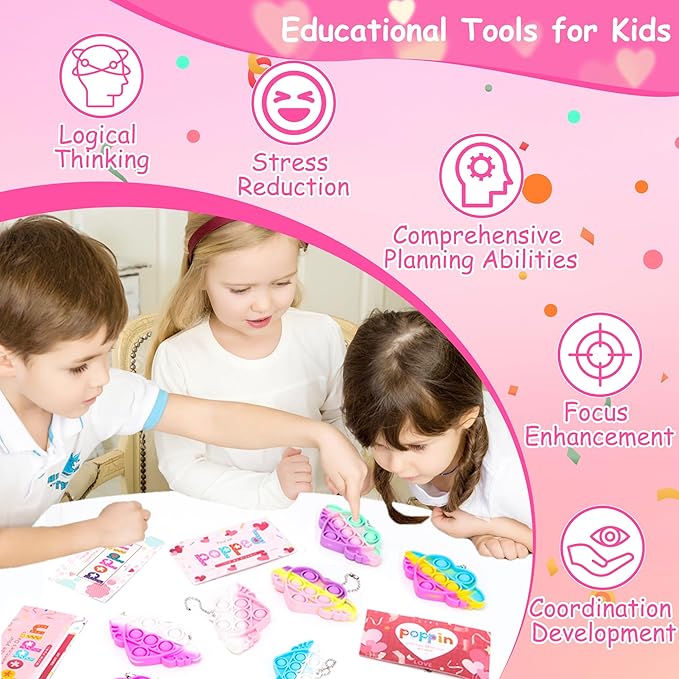 30 Pcs Valentines Day Gifts for Kids Heart Pop It Fidget Keychain Toys with Valentine's Cards for Classroom Exchange, Party Favors, Goody Bag Fillers, and Valentine's Day Party Supplies