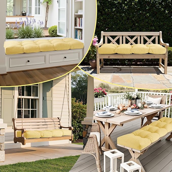 Waterproof Bench Cushion 42 Inch - Oliven Fabric, High-Density Foam, Non-Slip Bottom, Soft Durable Outdoor Tufted Long Seat Cushion for Window Garden Furniture (Yellow, 42x16x4 Inch)
