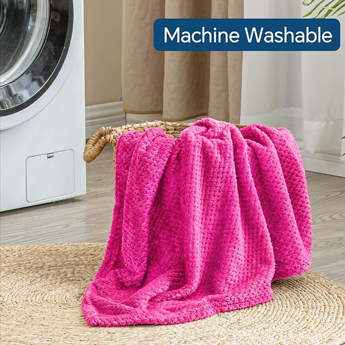 BEDELITE Travel Blanket with Bag, Ultra-Soft Jacquard Fleece Blanket with Luggage Sleeve & Backpack Clip, Airplane Blanket Travel Essentials, Hot Pink