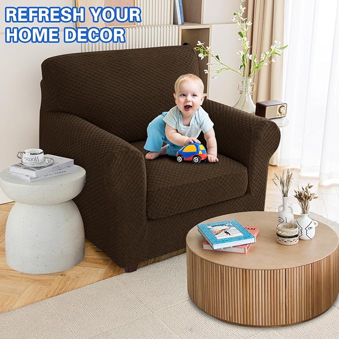 MAXIJIN 2 Piece Jacquard Chair Covers with Arms Super Stretch Non Slip Chair Slipcover for Living Room Dogs Pet Friendly Elastic Sofa Couch Protector Armchair Cover (Chair, Dark Coffee)