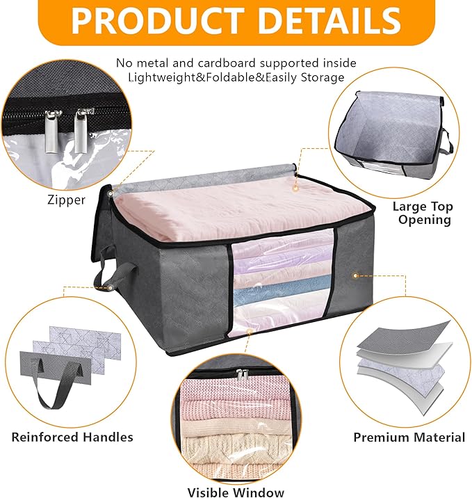 2 Pack Clothes Organizer Storage Bags with Zipper, 45L Foldable Blanket Storage Box with Clear Window Sturdy Handles for Closet, Dorm, Pillows, Bedding, Sweater, Clothing, Gray
