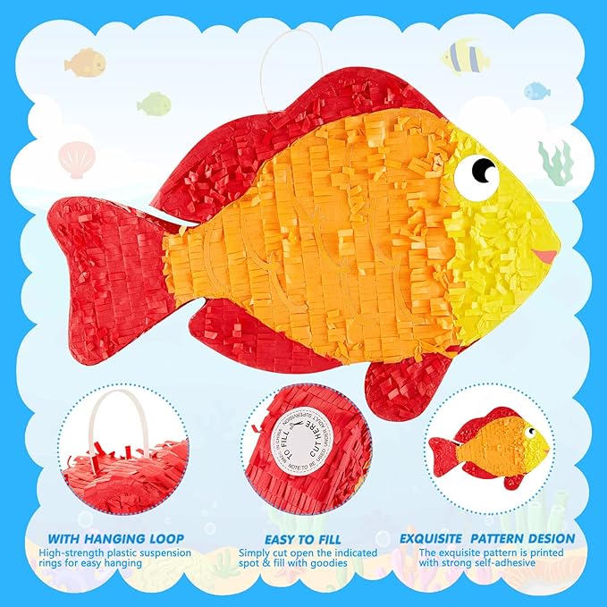 Lewtemi 16.5 in Fish Piñata and Piñata Stick with Blindfold Confetti Set Kids Pinata Fish Party Decorations Gender Reveal Piñata for Kids Baby Shower Christmas Birthday Ocean Themed Party Decorations