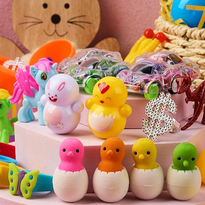 JOYIN 120 Pcs Prefilled Easter Eggs with Novelty Toys and Plus Stickers Inside, Plastic Easter Eggs Fillers, Basket Stuffers Egg Hunt Supplies, Theme Party Favor