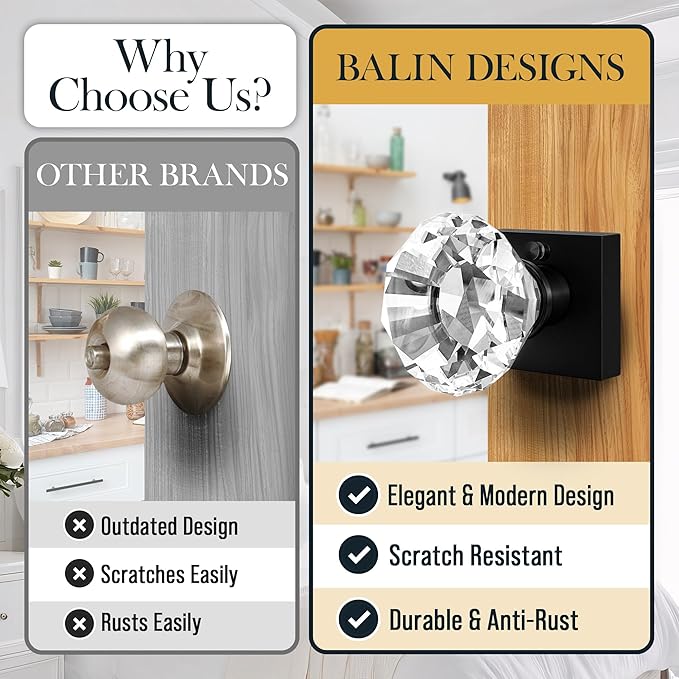 Clear Crystal Door Knob with Lock, Square Base, Glass Door Knobs Interior Privacy Set, Vintage Decorative Antique Style Handle for Bedroom, Bathroom, Closet, 1 Pack
