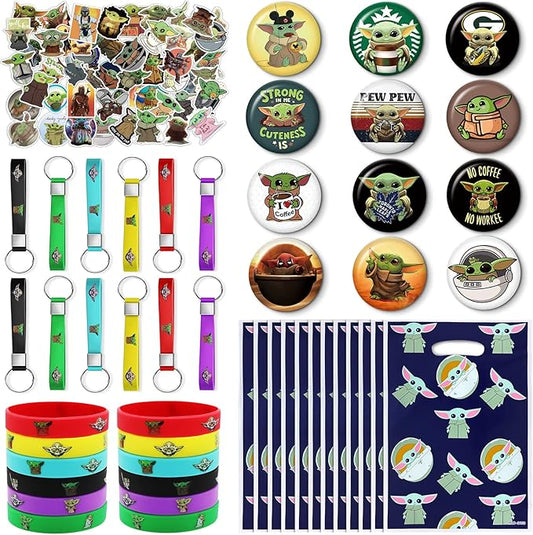 98Pcs Birthday Party Supplies, Baby birthday decorations Favors Set Include 12 Bracelets, 12 Button Pins, 12 Key Chains, 12 Gift Bags and 50 Stickers