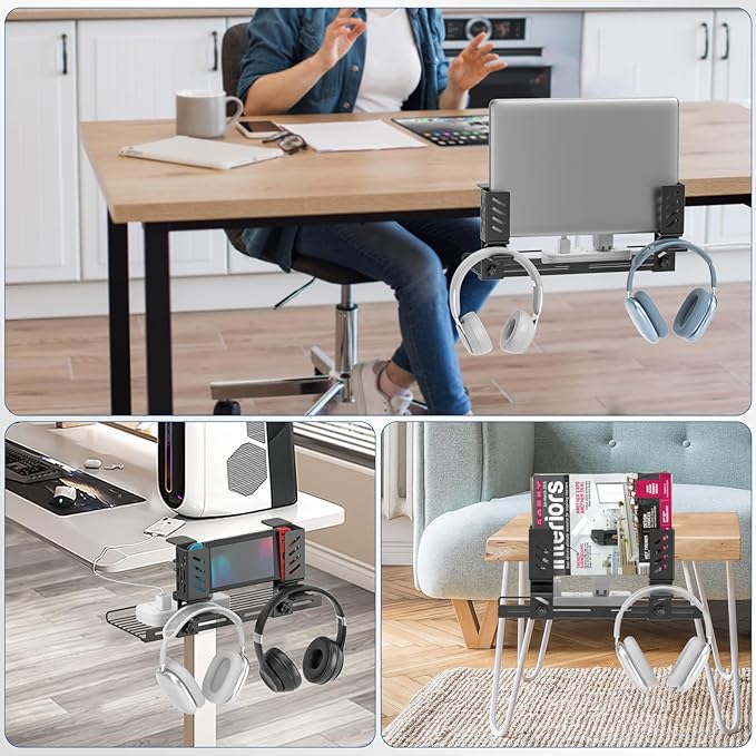 KDD 3-in-1 Laptop Stand Holder Storage, Adjustable Under Desk Cable Management Tray with Headphone Hanger and Cable Ties, No Drill Clamp on Desk Side Organizers Suitable for Laptop/Tablet/Headphone