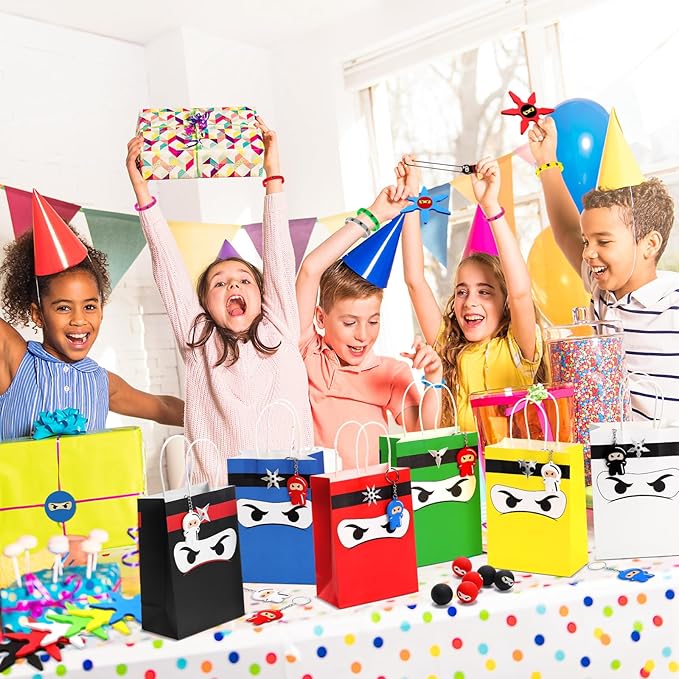 16 Guests 128 Pcs Ninja Party Favors Include Ninja Gift Bags Bouncy Balls Throwing Favors Flying Slingshot Headbands Silicone Bracelets Keychains Stickers for Ninja Birthday Party Supplies