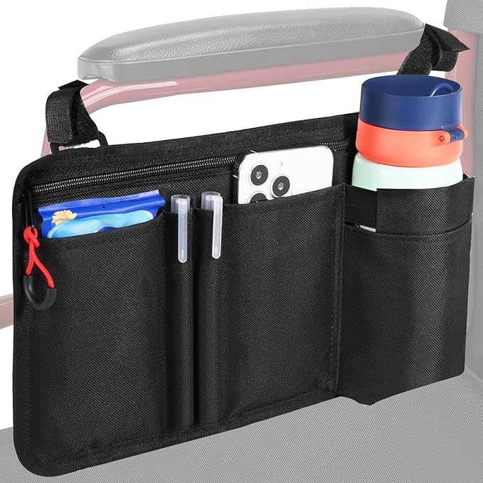 Wheelchair Side Bag with Cup Holder, Premium Wheelchair Armrest Pouch Accessories for Adults，Wheelchair Bags for Walkers, Rollators, Electric Wheelchairs (Black)