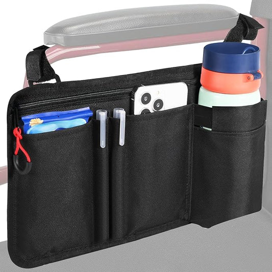 Wheelchair Side Bag with Cup Holder, Premium Wheelchair Armrest Pouch Accessories for Adults，Wheelchair Bags for Walkers, Rollators, Electric Wheelchairs (Black)