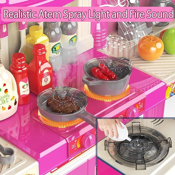 Kids Kitchen playset, Play Kitchen for Kids Ages 4-8, Accessories Set with Realistic Lights and Sounds, Simulation of Spray and Play Sink, Kitchen Set for Kids Ages 3-5 for Girls and Boys