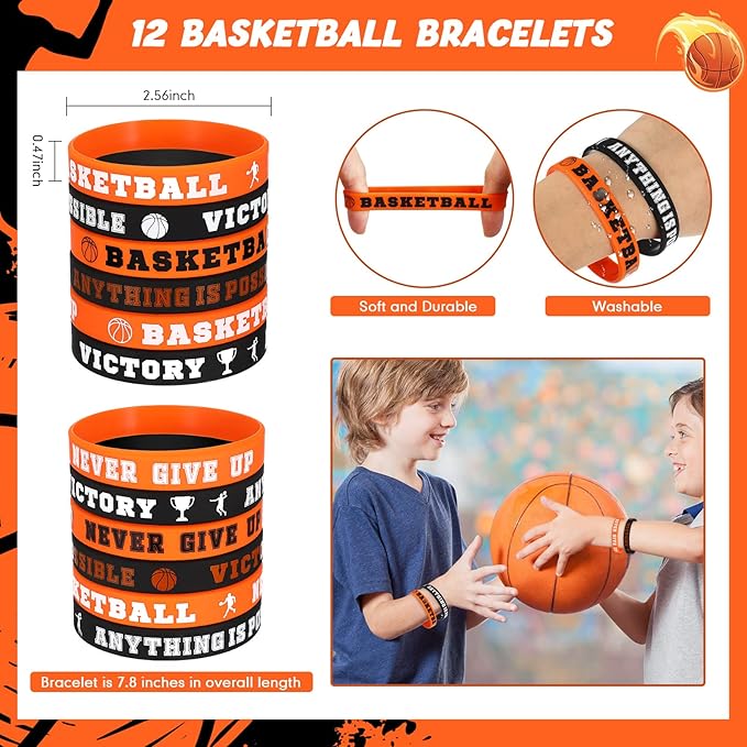 LEIFIDE 48 Pcs Basketball Soccer Football Baseball Party Favors Supplies 12 Silicone Bracelet 12 Drawstring Treat Bag 12 Mini Stress Ball 12 Keychains for Birthday Sports Party Supplies(Basketball)
