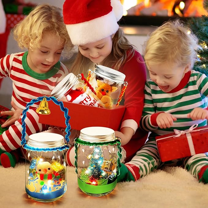 Christmas Crafts Activities For Kids Ages 3-12,4 Pack Glass Mason Jar for School Christmas Art Activities,Christmas Craft Supplies,DIY Lantern Jar for Gifts Christmas Party Favors,Classroom Prizes