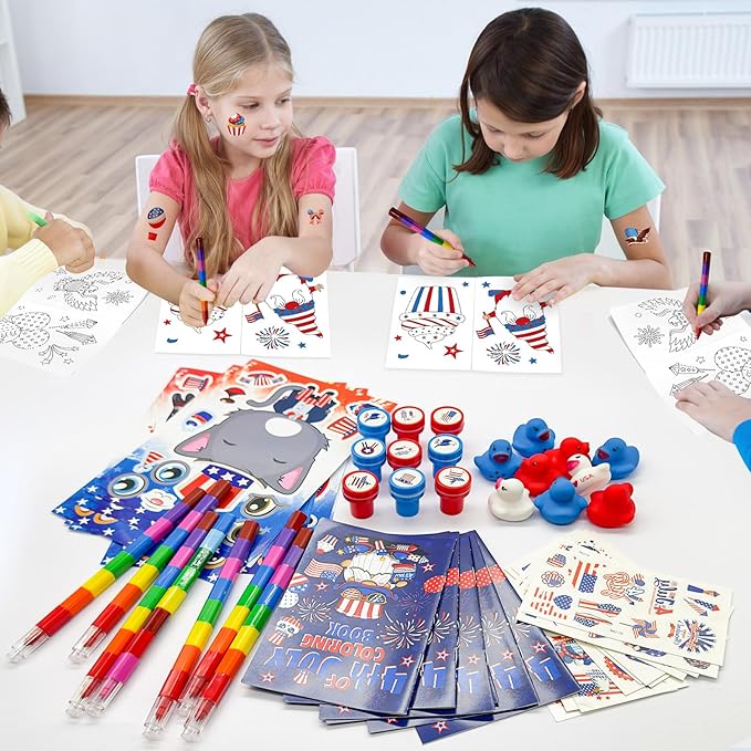 72 Pcs Patriotic Party Favors Set, 4th of July Coloring Books Red White Blue Party School Exchange Gifts Tattoo DIY Sticker Stampers Class Reward Prizes for Independence Memorial Day Party Supplies