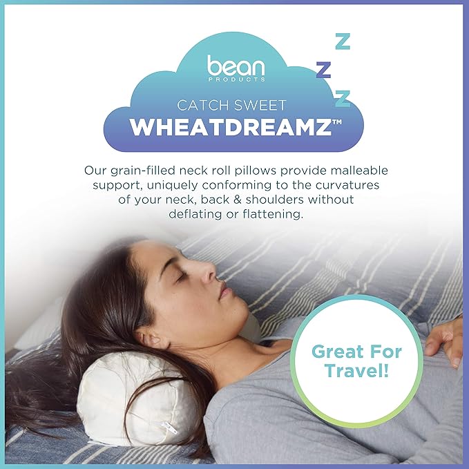 Bean Products WheatDreamz Neck Roll Pillow + Natural Case - 100% Organic Cotton - Filled with Organic Millet - 4" x 12"+case
