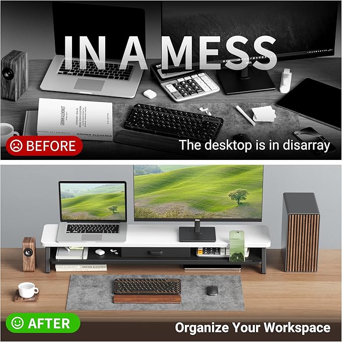 AFOOYO Dual Monitor Stand Riser,LED 2-Tier 39.3 Inch Computer Monitor Stand for 2 Monitors,Office Desktop Organizer with Storage Drawer and Phone Holder for Laptop,PC,Computer,Printer,White