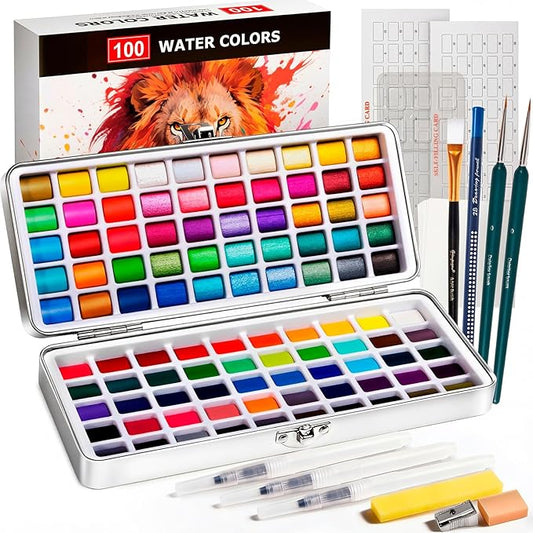 Watercolor Paint Set 100 Colors botkc Travel Water Colors kit with 7 Brushes 8 Watercolor papers Palette set Including Metallic and Accessories Art Supplies Gifts for Beginner Artists Adults and Hobbyists