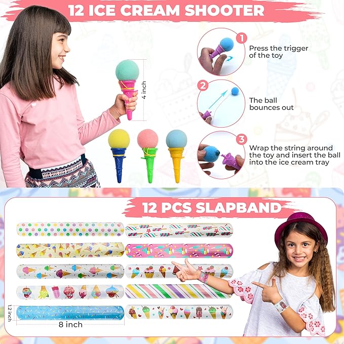 Ice Cream Party Favor 72 PCS Slap Treat Box Bracelets DIY Stickers Icecream Cone Foam Ball Keychain Bubble Gift Rewards for Kids Candyland Birthday Supply