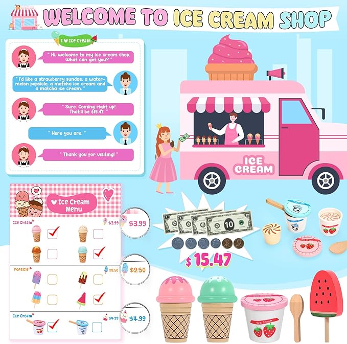 INNOCHEER Ice Cream Toy, Wooden Ice Cream Play Set, Pretend Play Kitchen Toys, Ice Cream Toys for Toddlers, Ice Cream Cart Play Store, Gifts Toys for 3 4 5 6 7 8+ Year Old Girls Boys