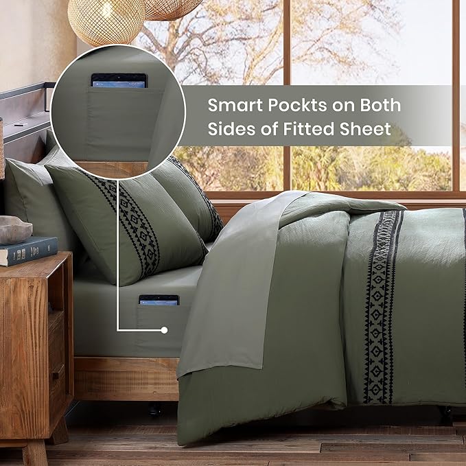 MaiRêve Embroidery Comforter Set, Boho Farmhouse Western Bedding Set, All Season Bed in A Bag Comforter Set with Sheets, Pillowcases & Shams, Olive Green California King 7 Pieces