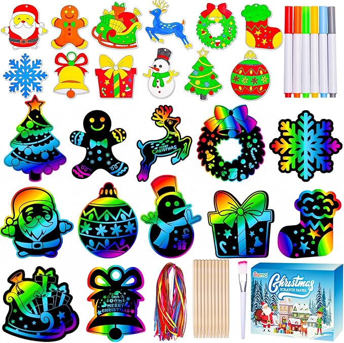 Garma 36Pcs Christmas Crafts Scratch Art for Kids, Rainbow Scratch Paper Christmas Ornaments Crafts Christmas Party Favors Toys Xmas Tree Ornaments Hanging Craft Art Kits