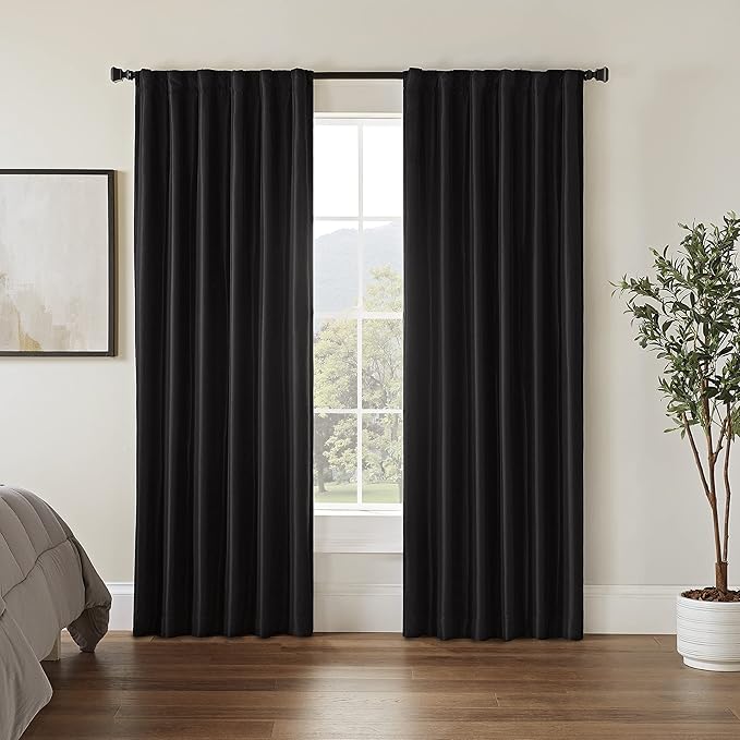 Eclipse Fresno Modern Blackout Thermal Rod Pocket Window Curtain for Bedroom (1 Panel), 52 in x 84 in, Black