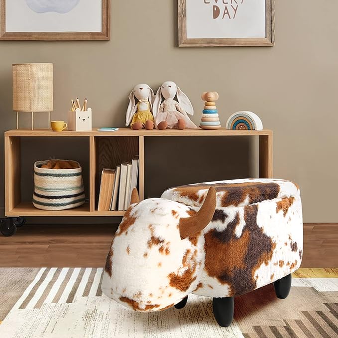 GIA Ottoman with Storage, Foot Stand and Wooden Legs, Shorthorn Dairy Cow, Brown and White