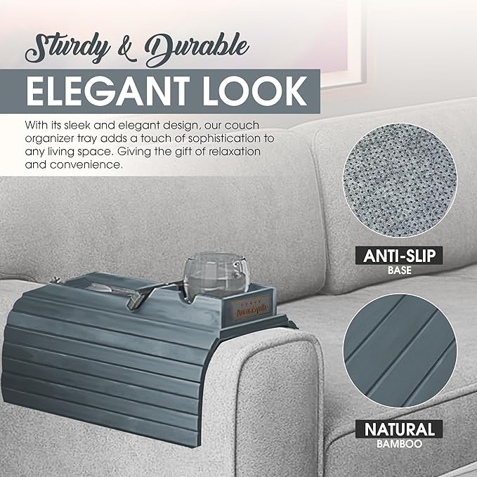 Couch Cup Holder Tray with 2 Cork Coasters, Caddy, Anti-Slip Foldable Armrest Sofa Tray, Anti-Spill Holder for Remote, Snacks, Cellphone - Ideal Gift (Grey)