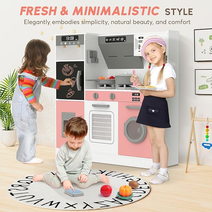 BIERUM Play Kitchen with Realistic Lights & Sounds, Wooden Kitchen Playset with 28 Pcs Toy Food & Cookware Accessories, Toy Kitchen with Plenty of Play Features, Idea Gift for Boys and Girls Ages 3+