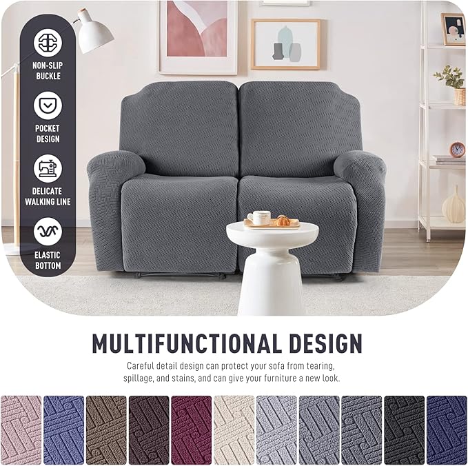KinCam Recliner Covers, Stretch Reclining Chair Covers, Recliner Sofa Slipcovers Stripe Jacquard Recliner Couch Covers Furniture Protector Covers for Pet Kid (2 Seater, Dark Gray)
