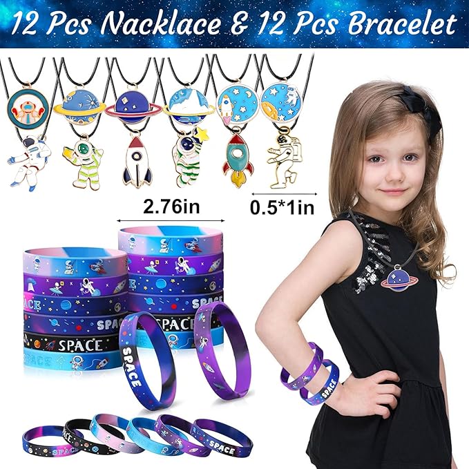 Bluegogo 151Pcs Space Party Favors, Space Birthday Party Decorations Include Stress Ball Bracelet Tattoo Stickers Stamp, Necklace, Rocket Keychain Gift Box for Kids Space Party Supplies
