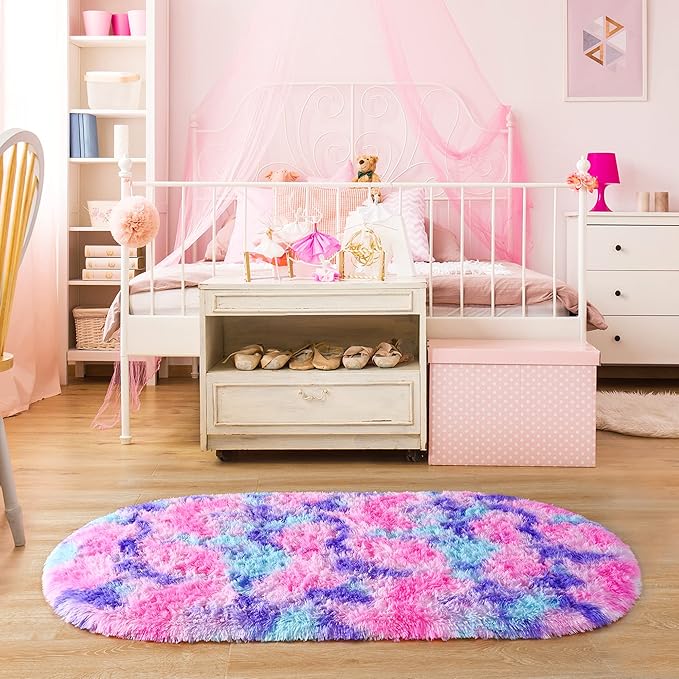 Noahas Oval Fluffy Hot Pink Rainbow Rug 2.6X5.3 Small Kids Rugs for Bedroom Girls Aesthetic,Bedside Bedroom Rug,Ultra Soft Runner Carpet Modern Shaggy Nursery Area Rugs Home Decor