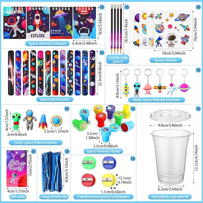 Colarr 161 Pcs Space Party Favor Space School Stationery Set Includes Gift Cup Notebook Pencil Sharpener Eraser Keychain Stamp Slap Bracelet Sticker Card for Space Birthday Supplies
