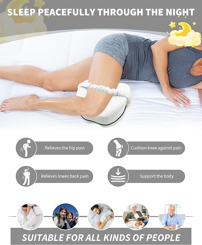 SPRING SEAON Knee Support Pillow for Side Sleepers – Deep Contour Memory Foam Leg Pillow with Adjustable Strap for Sciatica, Hip, Back & Knee Pain Relief – Breathable, Washable Cover, White