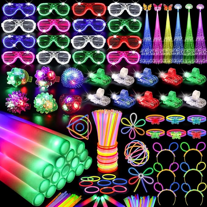 170PCS Glow in the Dark Party Supplies, 16PCS LED Foam Sticks, 16PCS LED Glasses and 100PCS Glow Sticks Necklaces Bracelets Headband, Light Up Party Favors for Kids Adults, Wedding, Concert, Birthday