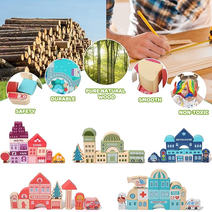120PCS Wooden Blocks, Preschool Learning Educational Toys, Wooden Toddler Toys with City Map Construction, Stacking Blocks for 3+ Years Old Kids Boys Girls Children (Multicolored)