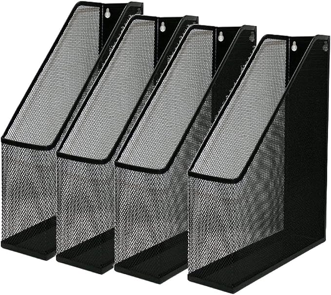 YBM HOME Steel Mesh Wall Magazine File Holder for Home & Office Organization, Serves as a Magazine Rack, Desk Organizer, Letter and Mail Bin, Holds Up to 20 Magazines - 4-Pack Black, 1101-4