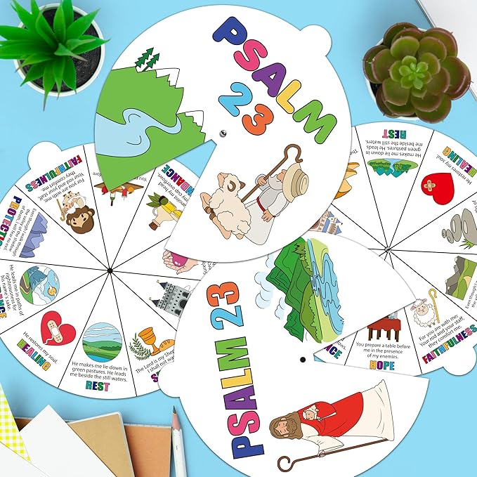 COcnny Psalm 23 Christian Coloring Craft - 24 Sets Color Your Own Religious Bible Wheel Cards for Kids, Baptism Verse Art Coloring Paper Game DIY Jesus Biblical Activities for Sunday School Class Home