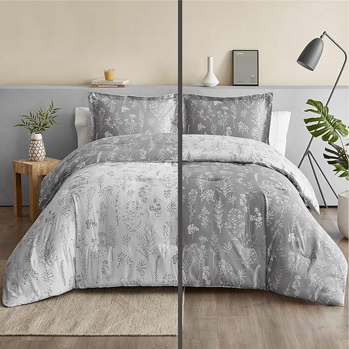 Bedsure King Comforter Set - Grey Bed Set, 3 Pieces Cute Floral Bedding, 1 Soft Reversible Botanical Flowers Comforter and 2 Pillow Shams