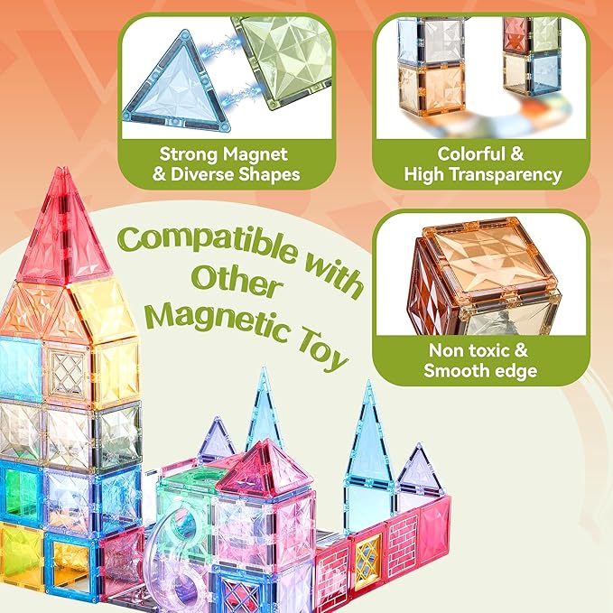 VigorFun Magnetic Tiles Set, Magnet Tiles Building Blocks with Car Animal Models and Stickers, Construction Educational STEM Sensory Toys Gifts for 3 4 5 6 7 8 + Year Old Kids Toddlers Boys Girls