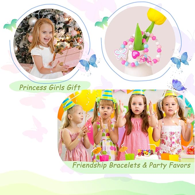 Butterfly Bracelets for Kids Girls - Princess Birthday Gifts Party Favors Goodies Bag Stuffers Fillers, Wooden Beaded Play Jewelry Bracelets Cute Butterflies Flowers Pendants
