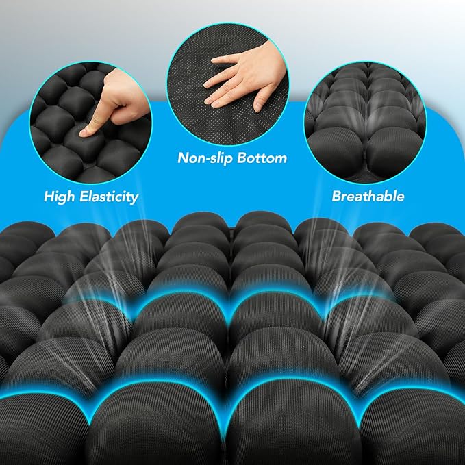 56 Air Cell Inflatable Travel Seat Cushion, 3D Air Bubble Design for Pressure Relief & Ergonomic Support, Self-Inflating with Press Button（No Pump Needed）,Portable for Office Chair,Car,Wheelchair,Home