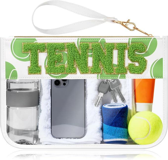 BuyCard Tennis Gifts Makeup Bag with Chenille Letter Patch, Clear Cosmetic Pouch PVC Organizer Purse, Waterproof Travel Bag, Portable Toiletry Storage Bag for Her Friends