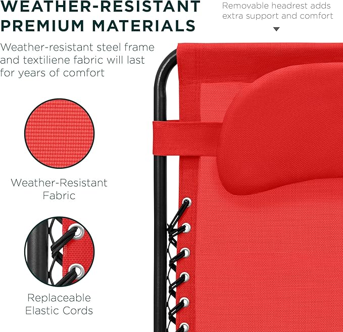 Best Choice Products Oversized Zero Gravity Chair, Folding Outdoor Patio Lounge Recliner w/Cup Holder Accessory Tray, Pillow - Crimson Red