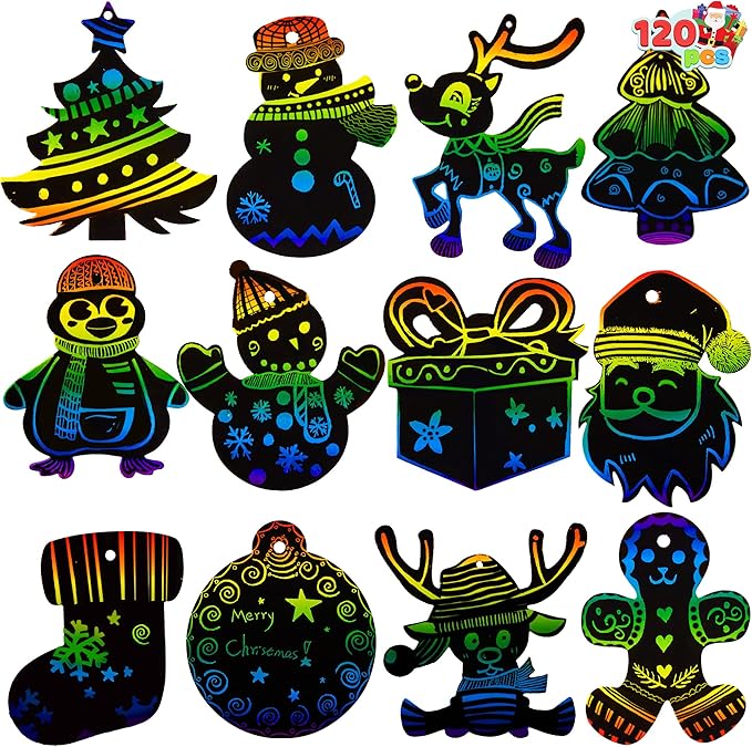 JOYIN 120 Pcs Christmas Scratch Art Ornaments, Rainbow Color Scratch Paper Craft Kit, Christmas Hanging Ornament, Scratch Off DIY Arts & Crafts Kit for Kids, Holiday Crafts Party Favor