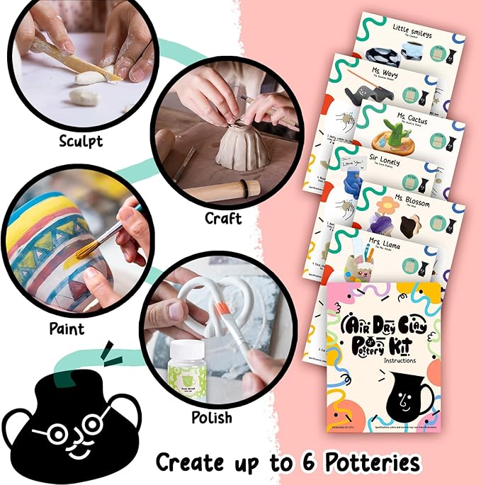 FosterToys™ Air Dry Clay Pottery Kit for Beginners | DIY Clay Kit for Adults, Sculpting Tools Set & Step-by-Step Guide, 12 Paints, Paintbrush,Varnish, Sponge, Kids Teen Christmas Birthday Holiday Gift