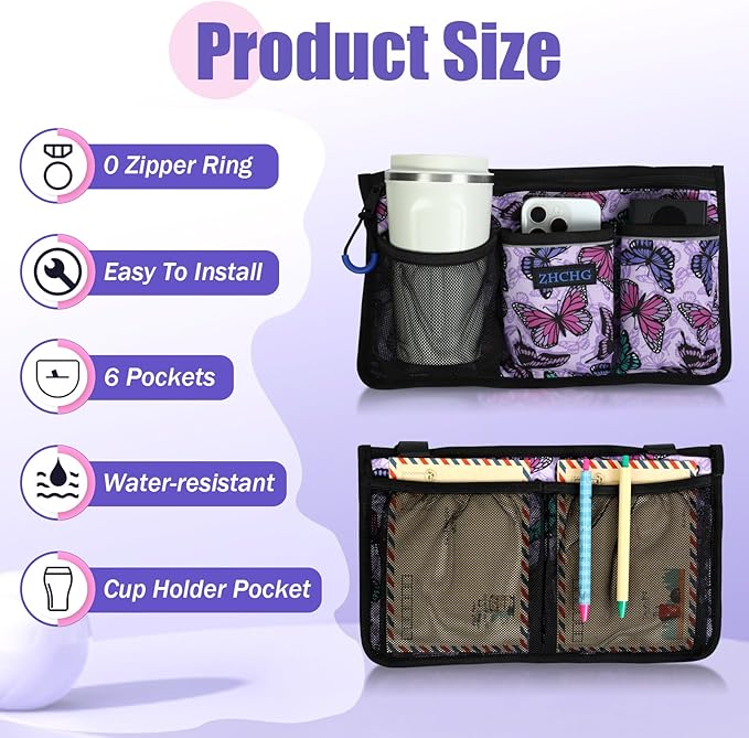 Wheelchair Side Bag, Wheelchair Armrest Pouch Accessories with Cup Holder, Storage Bag for Walker, Rollator, Electric Scooter Wheelchairs, Ideal Gift for Mother's Day & Father's Day (Purple)